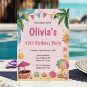 Pink Girls Beach Party Kids Birthday Party Invitation