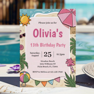 Pink Girls Beach Party Kids Birthday Party Invitation