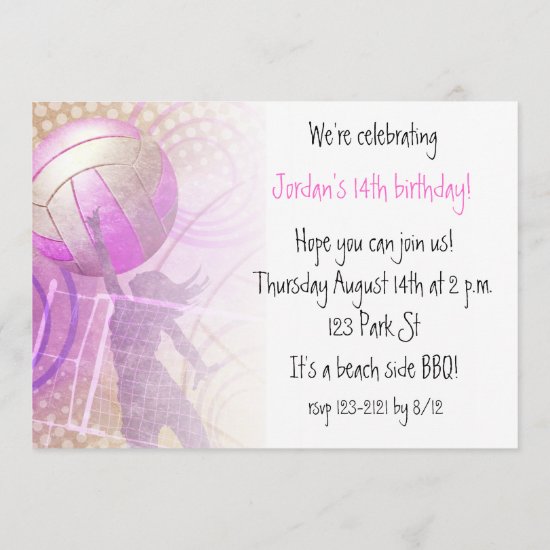 Pink girls' birthday volleyball party invitation