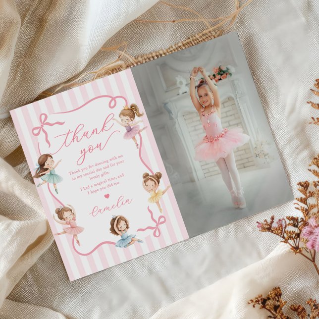 Pink Girls Bow Tutu Ballerina Birthday Photo Thank You Card (Creator Uploaded)