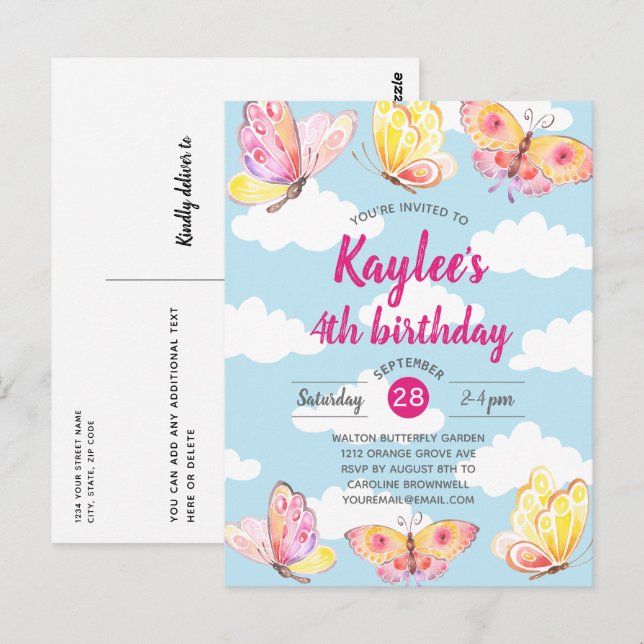 Pink Girls Butterfly Birthday Party Invitation Postcard (Front/Back)