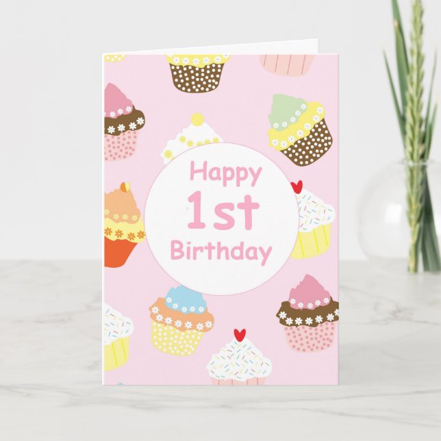 Pink Girls Cupcake 1st Birthday First Bday Card (Front)
