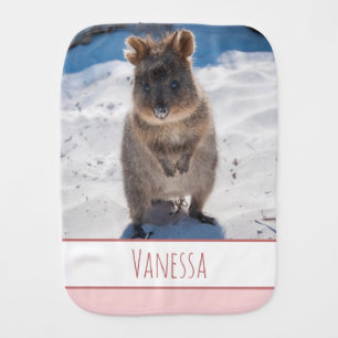 Pink Girls Custom Name Quokka on the Beach Baby Burp Cloth