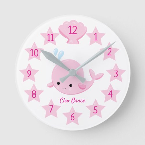 Pink Girls Cute Nautical Whale Nursery Round Clock