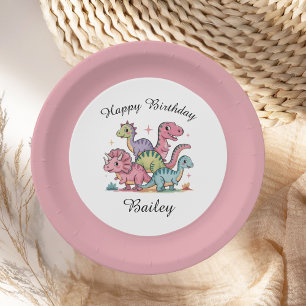 Pink Girls Dinosaur Birthday Paper Plates