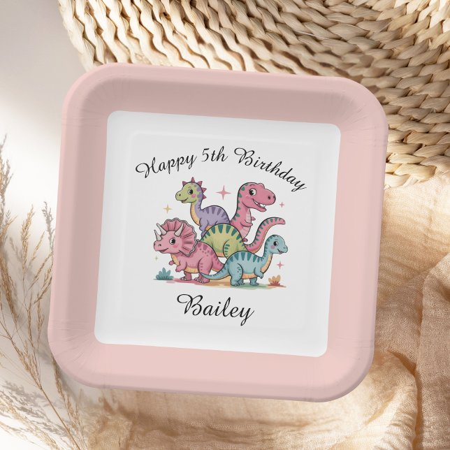 Pink Girls Dinosaur Birthday Paper Plates (Creator Uploaded)