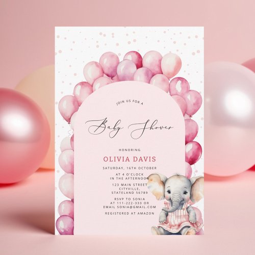 Pink Girls Elephant  Balloon Baby Shower Invitation