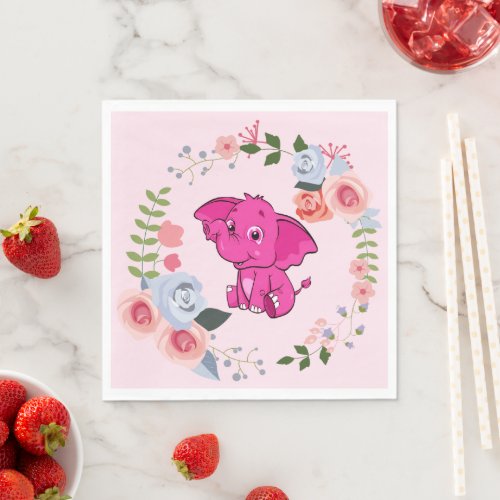 Pink Girls Elephant Floral Baby Shower Napkins
