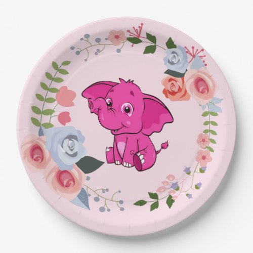 Pink Girls Elephant Floral Baby Shower Paper Plates
