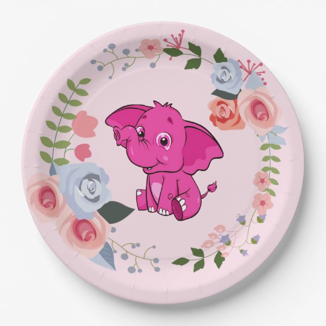 Pink Girl's Elephant Floral Baby Shower Paper Plates (Front)