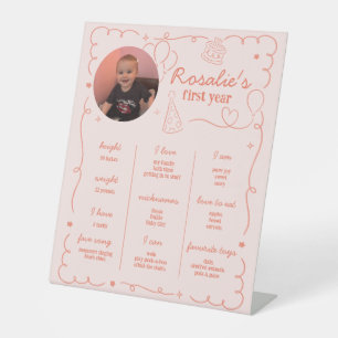 Pink Girl's First Birthday Milestone Timeline Pedestal Sign