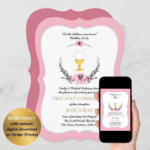 Pink Girls First Holy Communion Invitations Floral