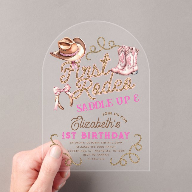 Pink Girls First Rodeo 1st Birthday Acrylic Invitations (Insitu (Handheld))