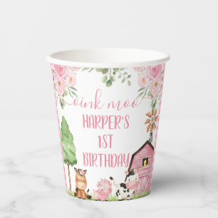 Pink Girls Floral Barn Farm Animals Birthday Paper Cups