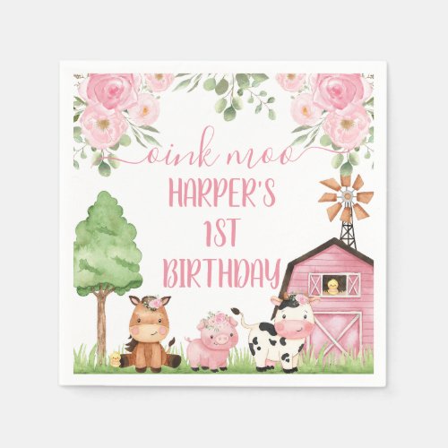 Pink Girls Floral Farm Birthday Party Paper Napkin