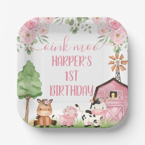 Pink Girls Floral Farm Birthday Party Paper Plate