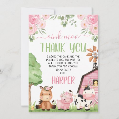 Pink Girls Floral Farm Birthday Thank You Card