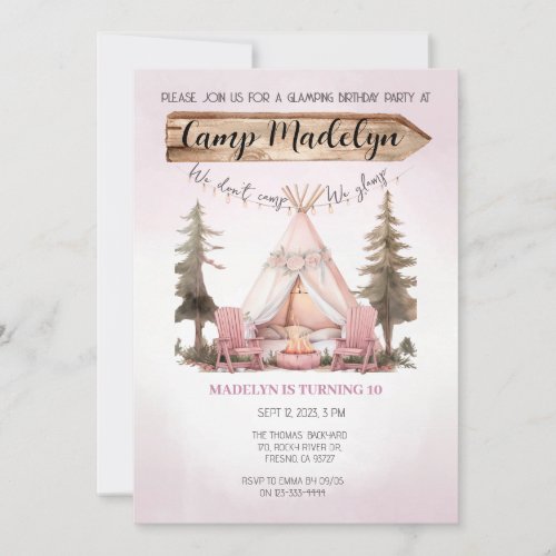 Pink Girls Glamping Under the Stars Kids Birthday  Invitation