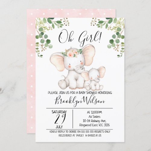 Pink Girls Greenery Elephant Baby Shower Invitation