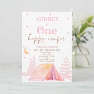 Pink Girls Happy Camper 1st Birthday  Invitation