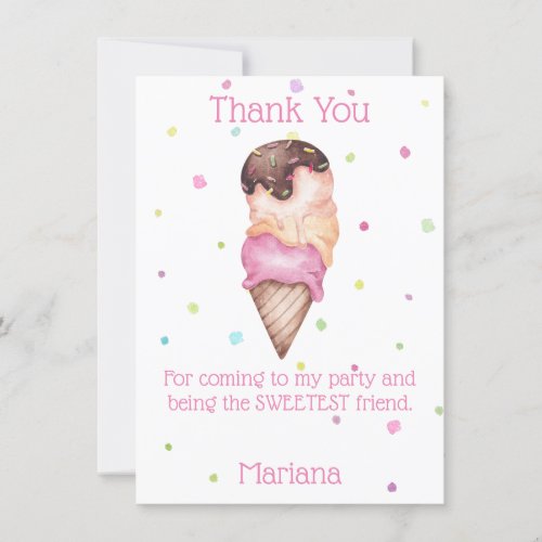 Pink Girls Ice Cream Birthday Party Thank You Card