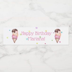 Pink Girls Ice Cream Birthday Party Water Bottle Label