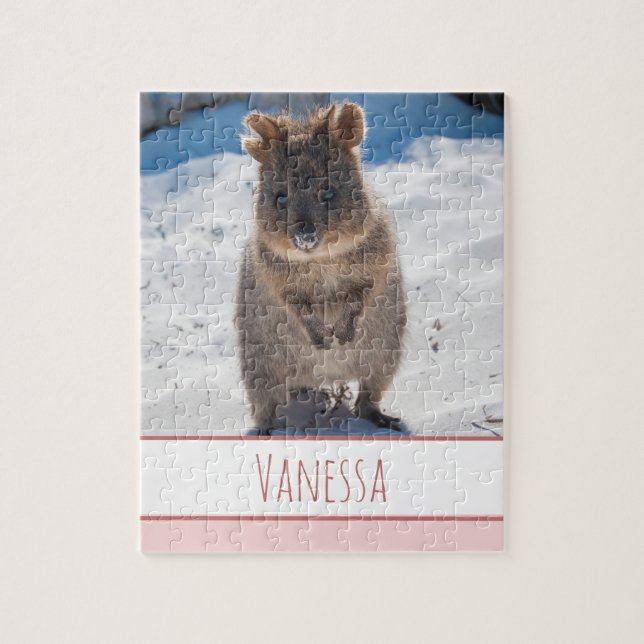 Pink Girls Kids Quokka Beach Personalised Puzzle (Vertical)