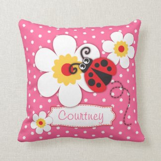 Pink girls ladybug name flower polka dot pillow