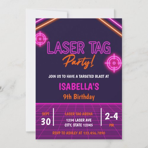Pink Girls Laser Tag Neon Glow Birthday Invitation
