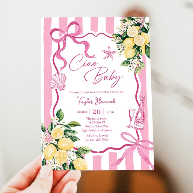 Pink Girls Lemon Ciao Baby Italian Baby Shower Invitation (Creator Uploaded)