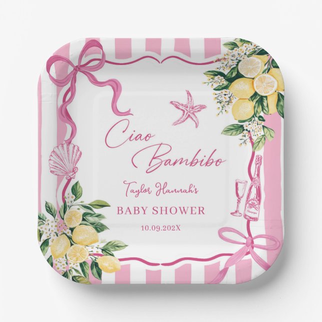 Pink Girls Lemon Ciao Baby Italian Baby Shower Paper Plates (Front)