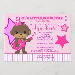 Pink Girls Monkey Rockstar Baby Shower Invitations