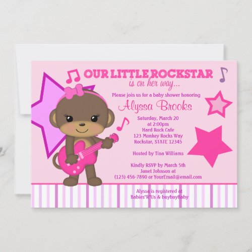 Pink Girls Monkey Rockstar Baby Shower Invitations