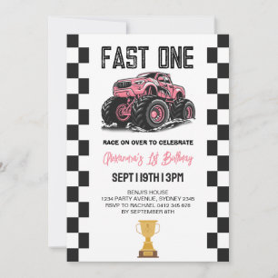Pink Girls Monster Truck 1st Birthday Party Invitation
