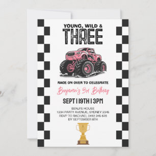 Pink Girls Monster Truck 3rd Birthday Party Invitation