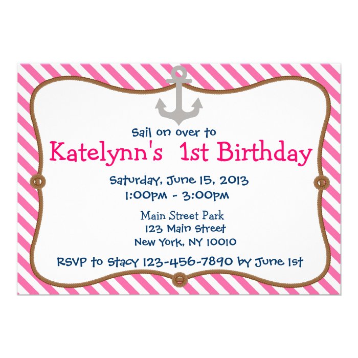 Pink Girl's Nautical Birthday Party Invitation