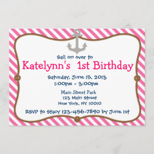Pink Girl's Nautical Birthday Party Invitation