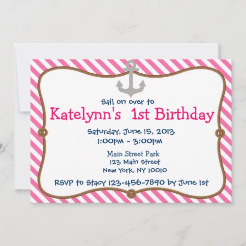 Pink Girl's Nautical Birthday Party Invitation
