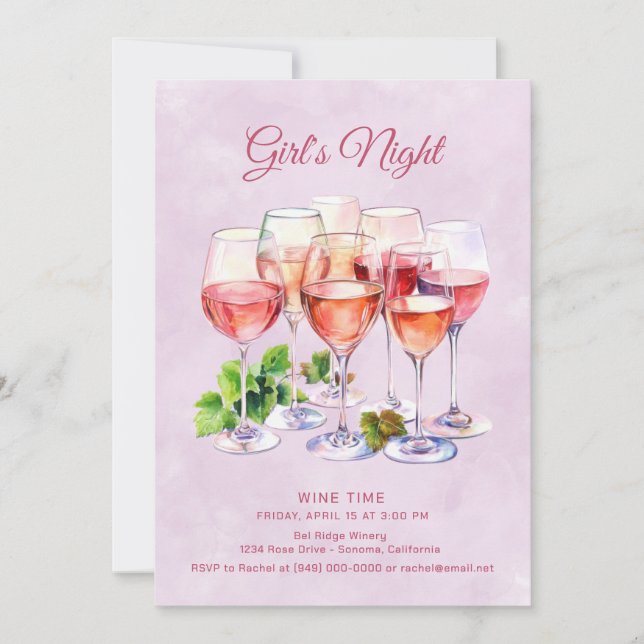 Pink Girls Night Wine  Invitation (Front)