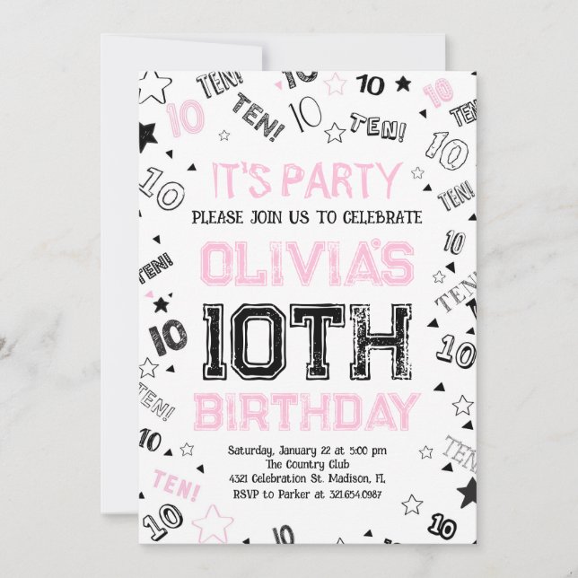 Pink Girls Number Ten Birthday Party Invitation (Front)