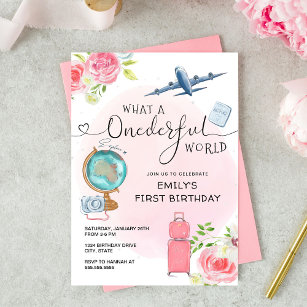 Pink Girls ONEderful World First Birthday Invitation