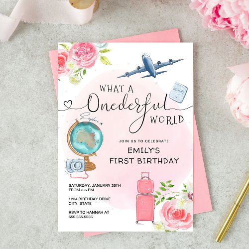 Pink Girls ONEderful World First Birthday Invitation