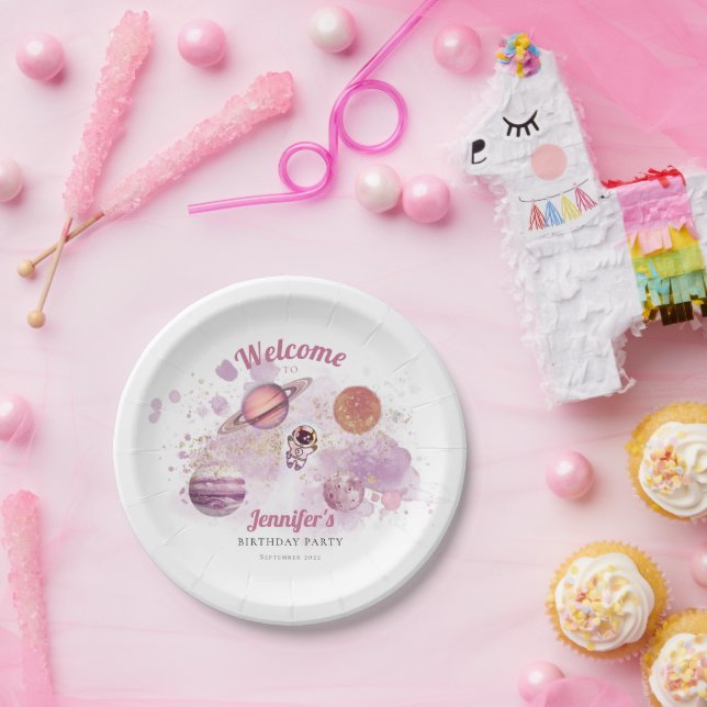 Pink Girls Outer Space Rocket Planets Galaxy Paper Plates (Party)