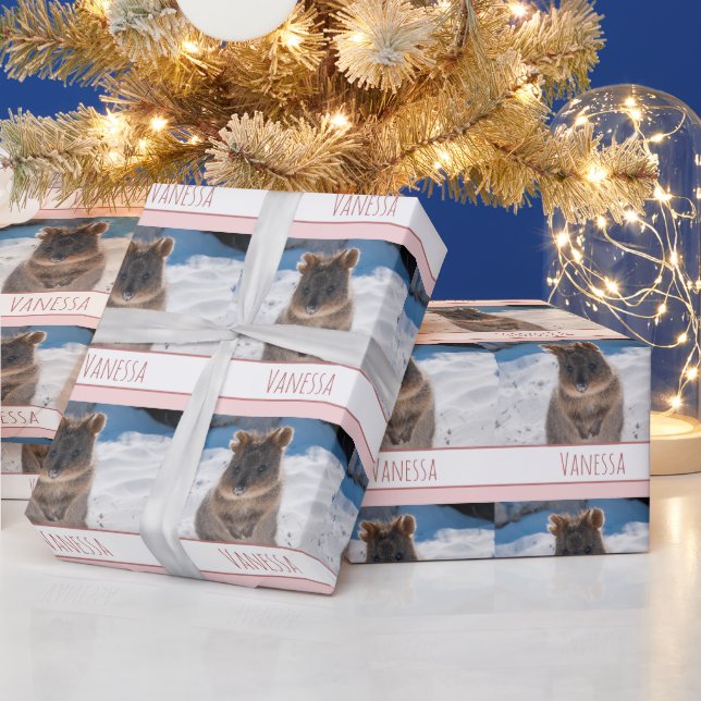 Pink Girls Personalized Quokka on the Beach Wrapping Paper (Holidays)