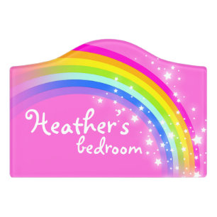 Pink girls personalized rainbow door sign