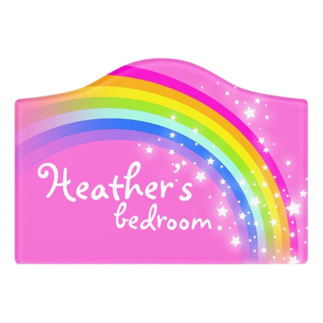 Pink girls personalized rainbow door sign (Small Crest Front)