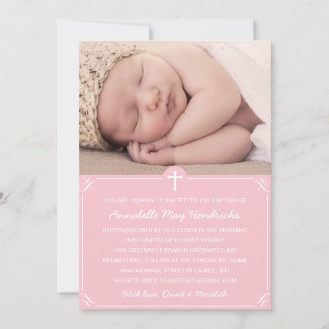 Pink Girls Photo Baptism/Christening Invitation (Front)