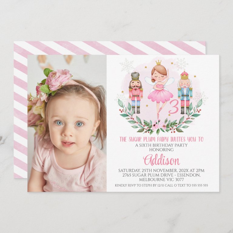 Pink Girls Photo Sugar Plum Fairy Birthday Invitation