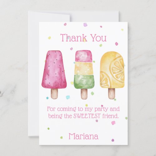 Pink Girls Popsicle Birthday Party Thank You Card