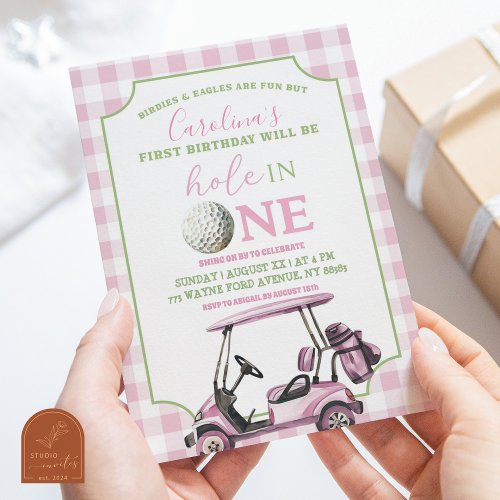 Pink Girls Preppy Golf Hole in One First Birthday Invitation